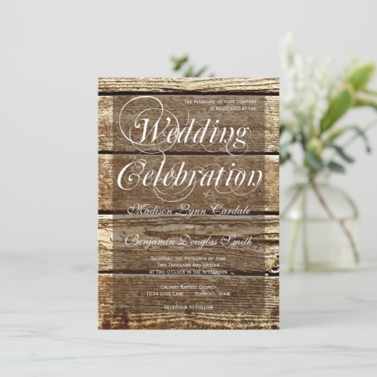 Invitations en bois de mariage de grange rustique (Debout devant)