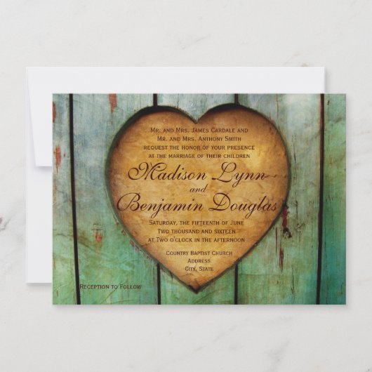Invitations en bois de mariage de pays de grange (Devant)