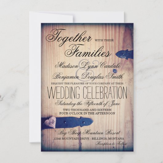 Invitations en bois de mariage de verrou de grange (Devant)