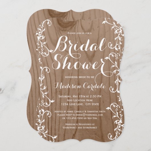 Invitations en bois rustiques de Fête de la mariée (Devant / Derrière)