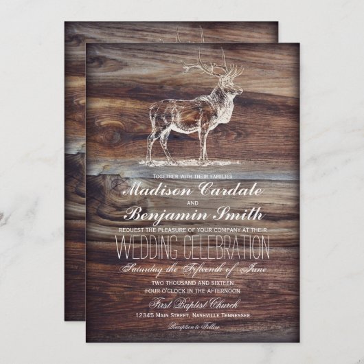 Invitations en bois rustiques de mariage de faune (Devant / Derrière)
