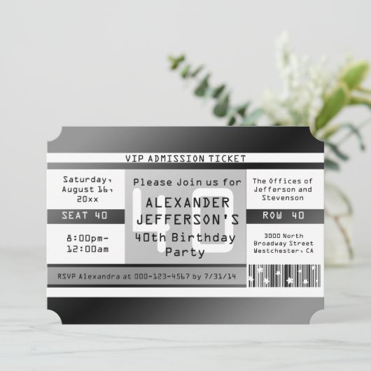 Invitations en forme de billet pour la fête du 40e (Debout devant)