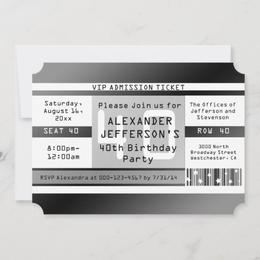 Invitations en forme de billet pour la fête du 40e (Devant)