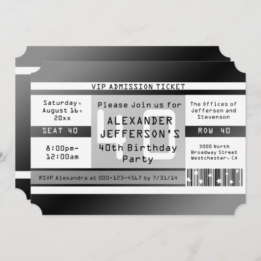 Invitations en forme de billet pour la fête du 40e (Devant / Derrière)