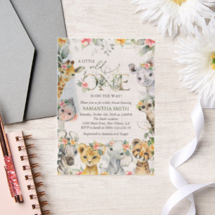 Invitations En Vélin Animaux de la jungle, Safari, Fleurs, Baby shower