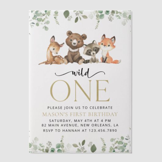 Invitations En Vélin Animaux des bois, Forêt, Un sauvage, Premier anniv (Recto)