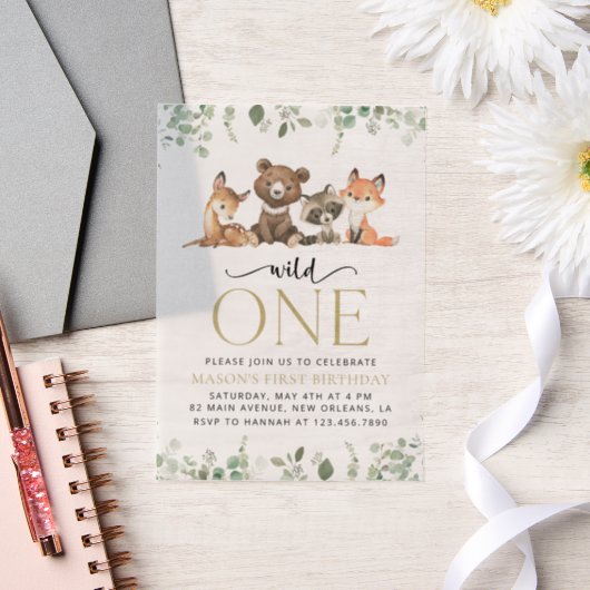 Invitations En Vélin Animaux des bois, Forêt, Un sauvage, Premier anniv (Mariage)