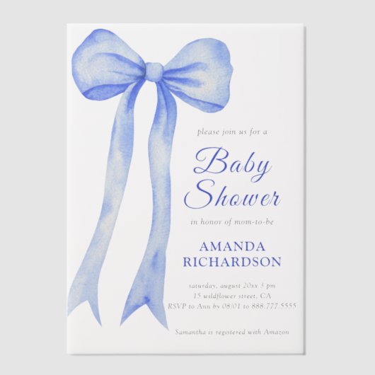 Invitations En Vélin Aquarelle bleue a Bow Bow Baby shower (Recto)