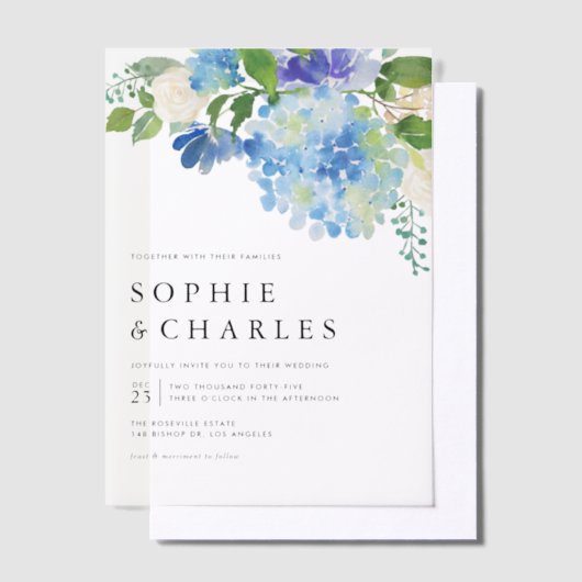 Invitations En Vélin Aquarelle bleue Hydrangea Hiver Floral Mariage (Compenser)