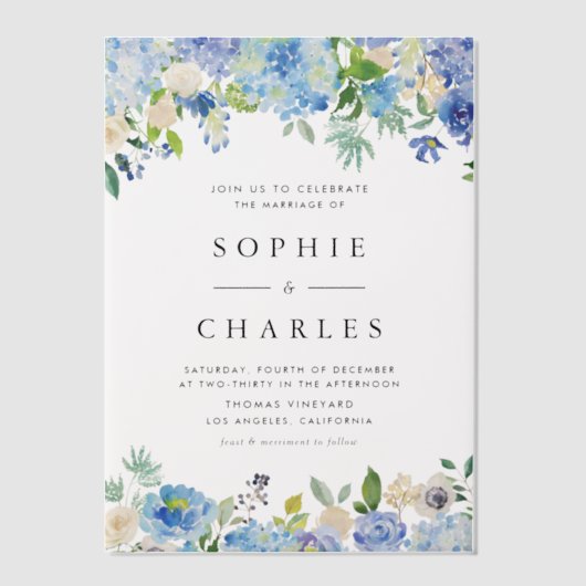 Invitations En Vélin Aquarelle Blue Hydrangea Floral Garland Mariage (Recto)