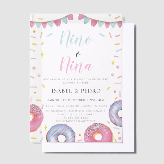Invitations En Vélin Aquarelle Donuts & Confetti Spanish Gender Revela (Compenser)