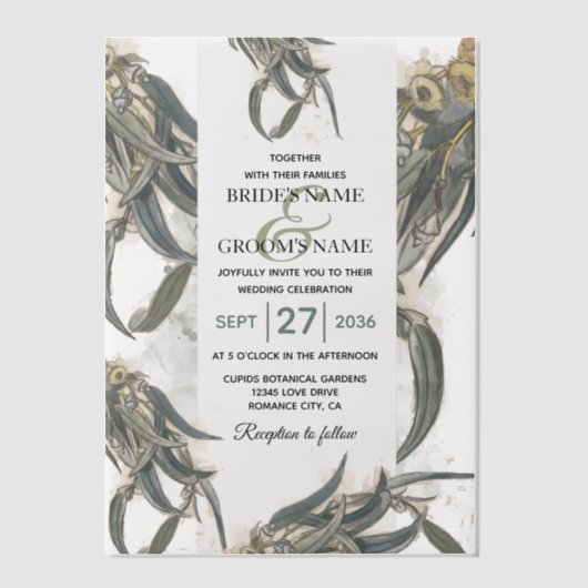 Invitations En Vélin Aquarelle Eucalyptus Feuille Mariage vert (Recto)