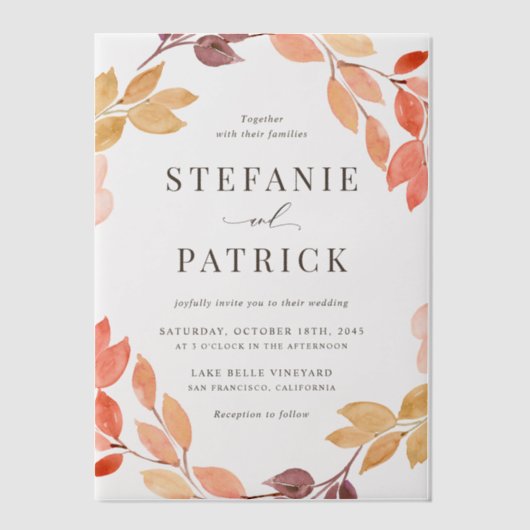 Invitations En Vélin Aquarelle Feuillage d'automne Mariage de automne d (Recto)