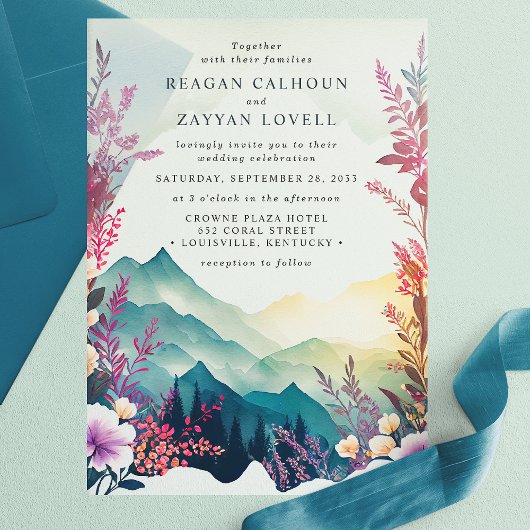 Invitations En Vélin Aquarelle Floral Spring Mountains Mariage