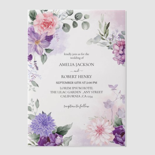 Invitations En Vélin Aquarelle florale Mariage de lavande lilas (Recto)