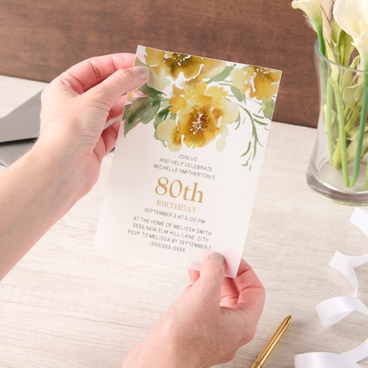 Invitations En Vélin Aquarelle jaune Floral 80e anniversaire (Ordinateur de poche)