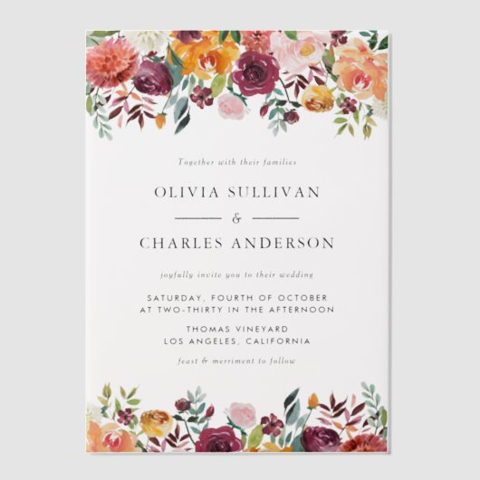 Invitations En Vélin Aquarelle L'automne fleurit Mariage de automne bot (Recto)