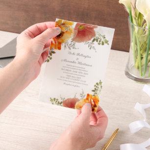Invitations En Vélin Aquarelle orange brûlé. Mariage floral d'automne