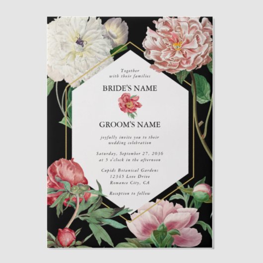 Invitations En Vélin Aquarelle Peonies rose Fleurs Mariage Noir (Recto)