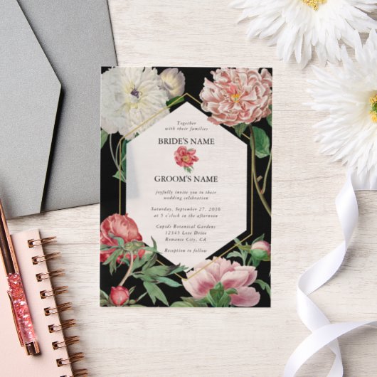 Invitations En Vélin Aquarelle Peonies rose Fleurs Mariage Noir (Mariage)