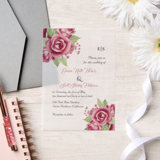 Invitations En Vélin Aquarelle rose pâle fleurs roses florales (Mariage)