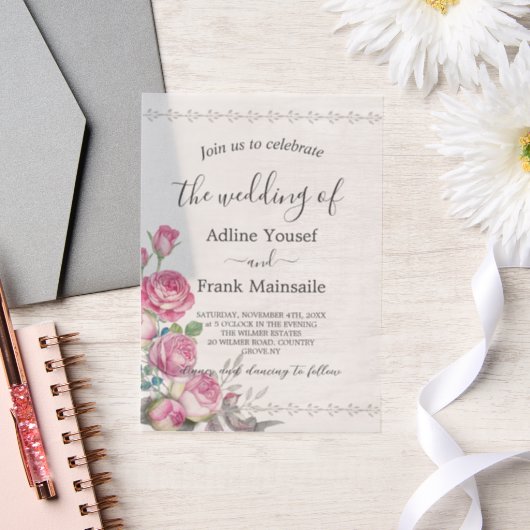 Invitations En Vélin Aquarelle Rose Vellum Overlay (Mariage)