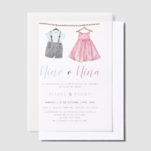 Invitations En Vélin Aquarelle Vêtements de bébé espagnol Révélation de (Compenser)