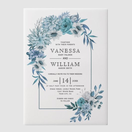 Invitations En Vélin Arche avec mariage turquoise à fleurs bleues (Recto)