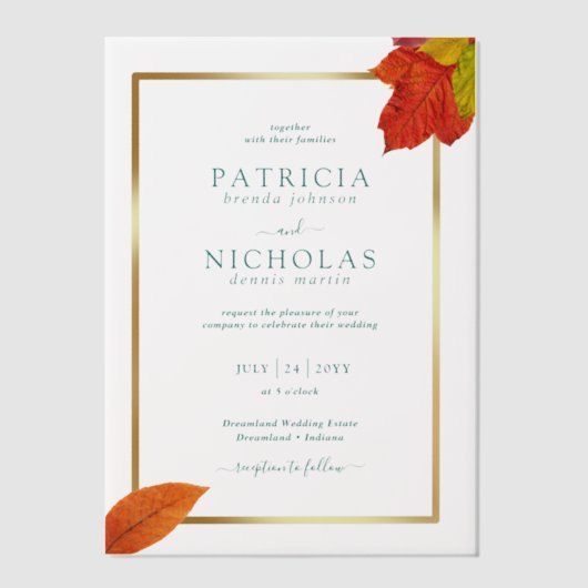 Invitations En Vélin Automne Feuilles Rustique Golden Frame Automne Mar (Recto)