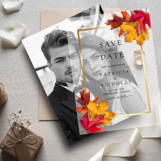 Invitations En Vélin Automne Leaves Golden Frame Wedding Enregistrer la