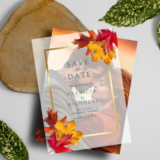 Invitations En Vélin Automne Leaves Golden Frame Wedding Enregistrer la