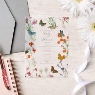Invitations En Vélin Baby shower de papillons Fleur sauvage aquarelle