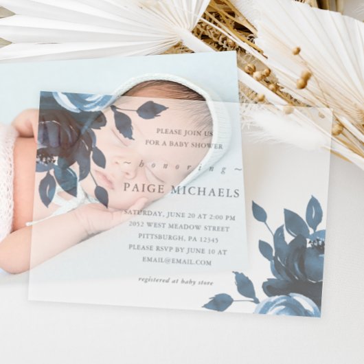 Invitations En Vélin Baby shower Floral Bleu