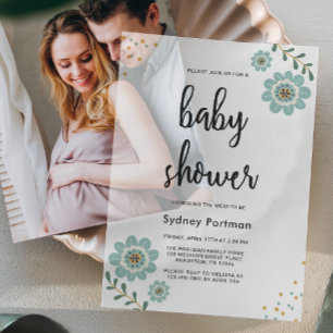 Invitations En Vélin Baby shower Floral Bleu Doux et Confetti