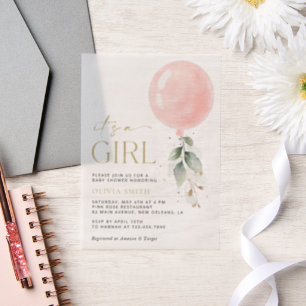 Invitations En Vélin Balcon rose, Eucalyptus, Verdure, Baby shower