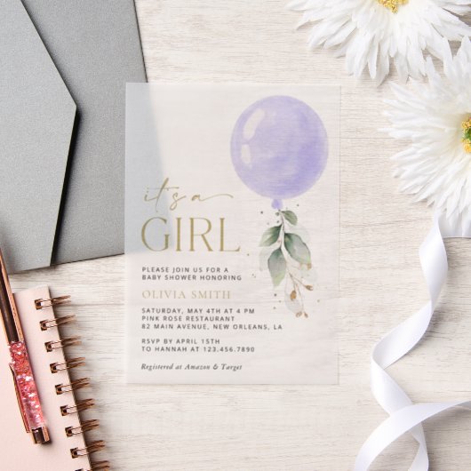 Invitations En Vélin Balloon pourpre, Eucalyptus, Verdure, Baby shower (Mariage)