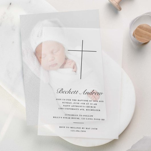 Invitations En Vélin Baptême Croix Simple en Or Script