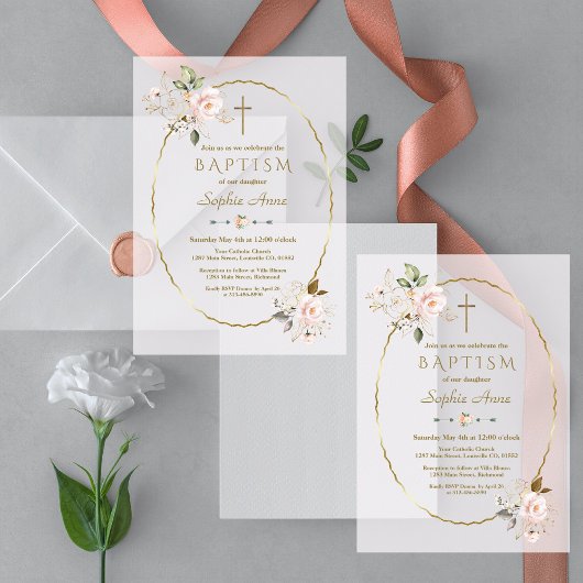Invitations En Vélin Baptême de cadre d'or rose