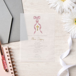 Invitations En Vélin Baptême grecque orthodoxe rose Bow fille baptême