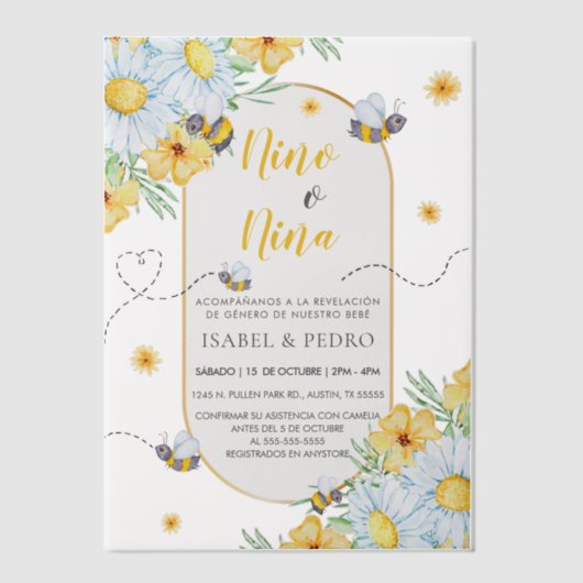 Invitations En Vélin Bees & Fleurs blanches Révélation de genre espagno (Recto)