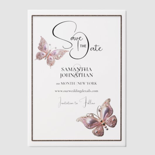 Invitations En Vélin Bijou papillon argent rose enregistrer la date (Recto)