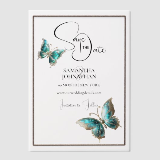 Invitations En Vélin Bijou papillon bleu argent enregistrer la date (Recto)