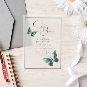 Invitations En Vélin Bijou papillon bleu argent enregistrer la date