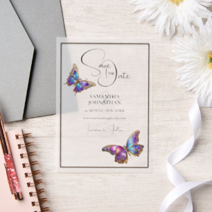 Invitations En Vélin Bijou papillon bleu violet enregistrer la date