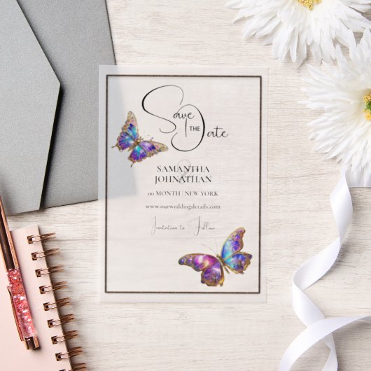 Invitations En Vélin Bijou papillon bleu violet enregistrer la date (Mariage)