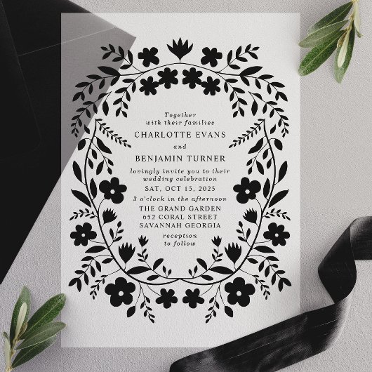 Invitations En Vélin Black Folk Art Floral Frame Mariage