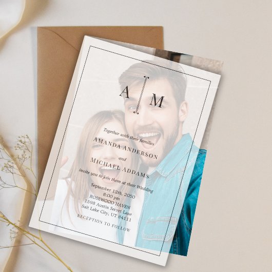 Invitations En Vélin Black White Monogram Minimal Simple Border Wedding