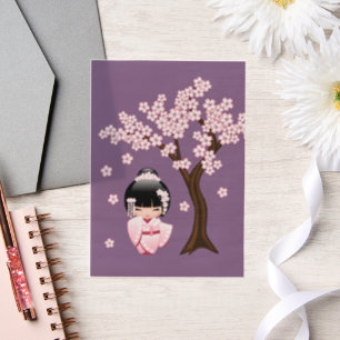 Invitations En Vélin Blanc Kimono Kokeshi Cute Geisha Purple Insertion