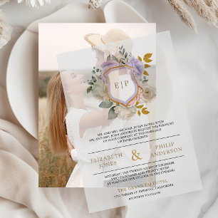 Invitations En Vélin Blason de monogramme floral violet pastel de maria