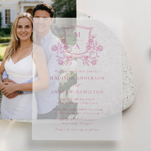 Invitations En Vélin Blason Floral Rose Élégant Monogramme de Mariage